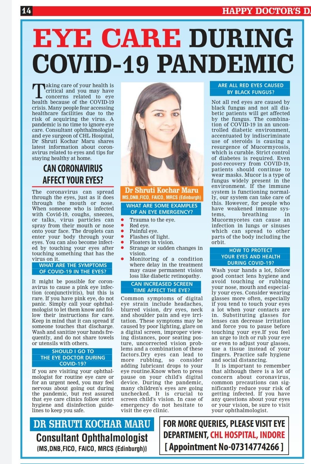 Newspaper article featuring Dr. Shruti Kochar Maru